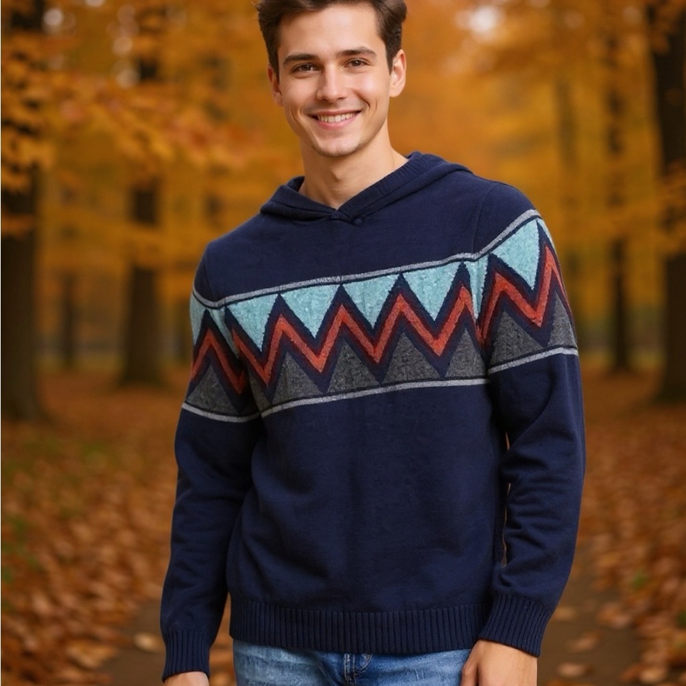 GOODFELLOW & Co Pull Over Jacquard Sweater with Hoodie Men Navy Blue NWT…